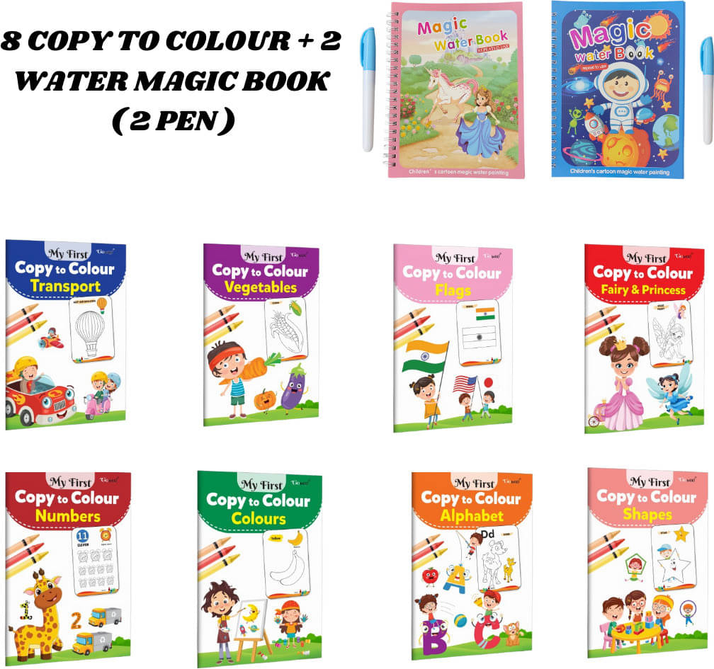     			Copy to Colour Book (8 Titles) for Kids | Shapes, Colours, Vegetables, Flags, etc. | 2 Water Magic Book + 2 Chunky-Size Pen | Space Theme & Princess Theme | Learn & Fun Combo Pack for Growing Kids