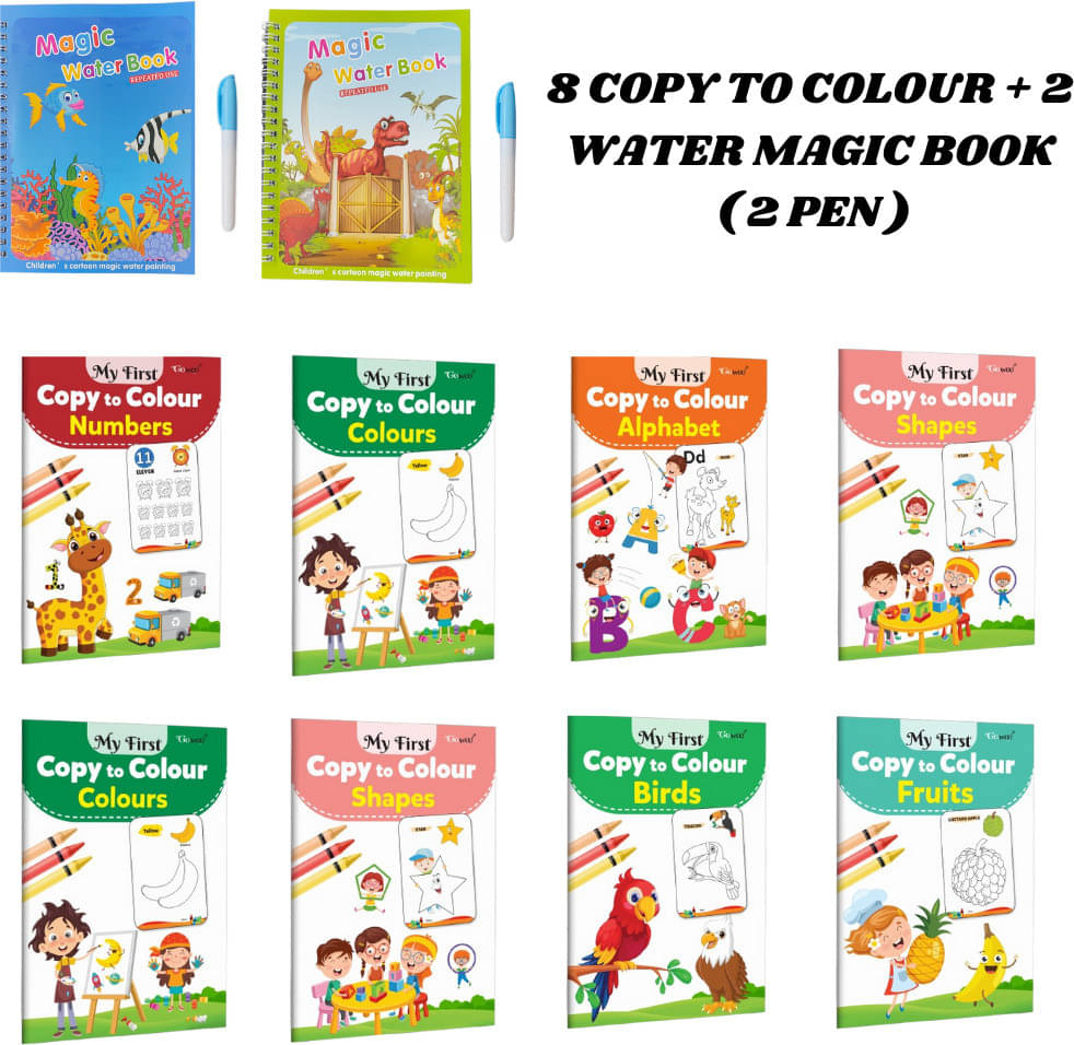     			Copy to Colour Book (8 Titles) for Kids | Alphabet, Numbers, Cartoons, Sports, etc. | 2 Water Magic Book + 2 Magic Doodle Pen | Aqua Theme & Dino Theme | Learn & Fun Combo Pack for Kids
