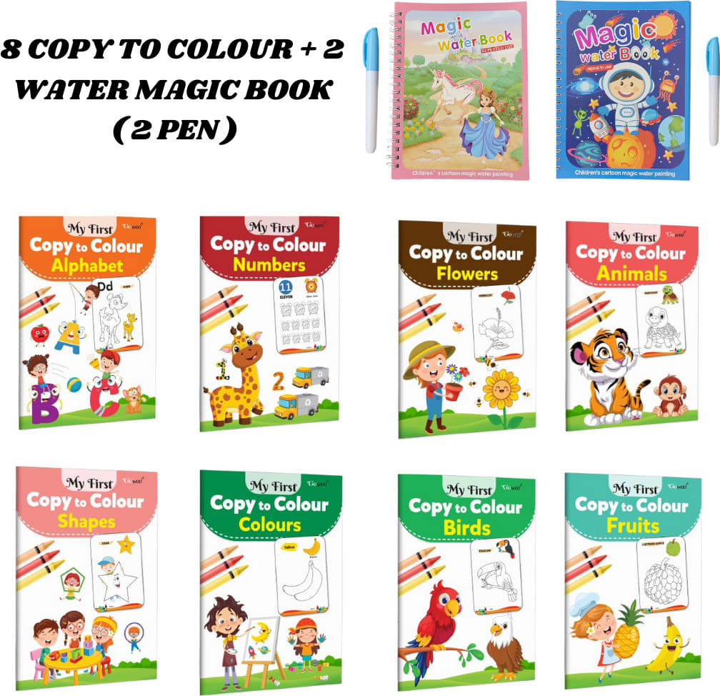 Copy to Colour Book (8 Titles) for Kids | Shapes, Colours, Birds, Flowers, etc. | 2 Water Magic Book + 1 Pen Each | Space Theme & Princess Theme | Learn & Fun Combo Pack for Growing Kids Copy to Colour Book (8 Titles) for Kids | Shapes, Colours, Birds, Flowers, etc. | 2 Water Magic Book + 1 Pen Each | Space Theme & Princess Theme | Learn & Fun Combo Pack for Growing Kids