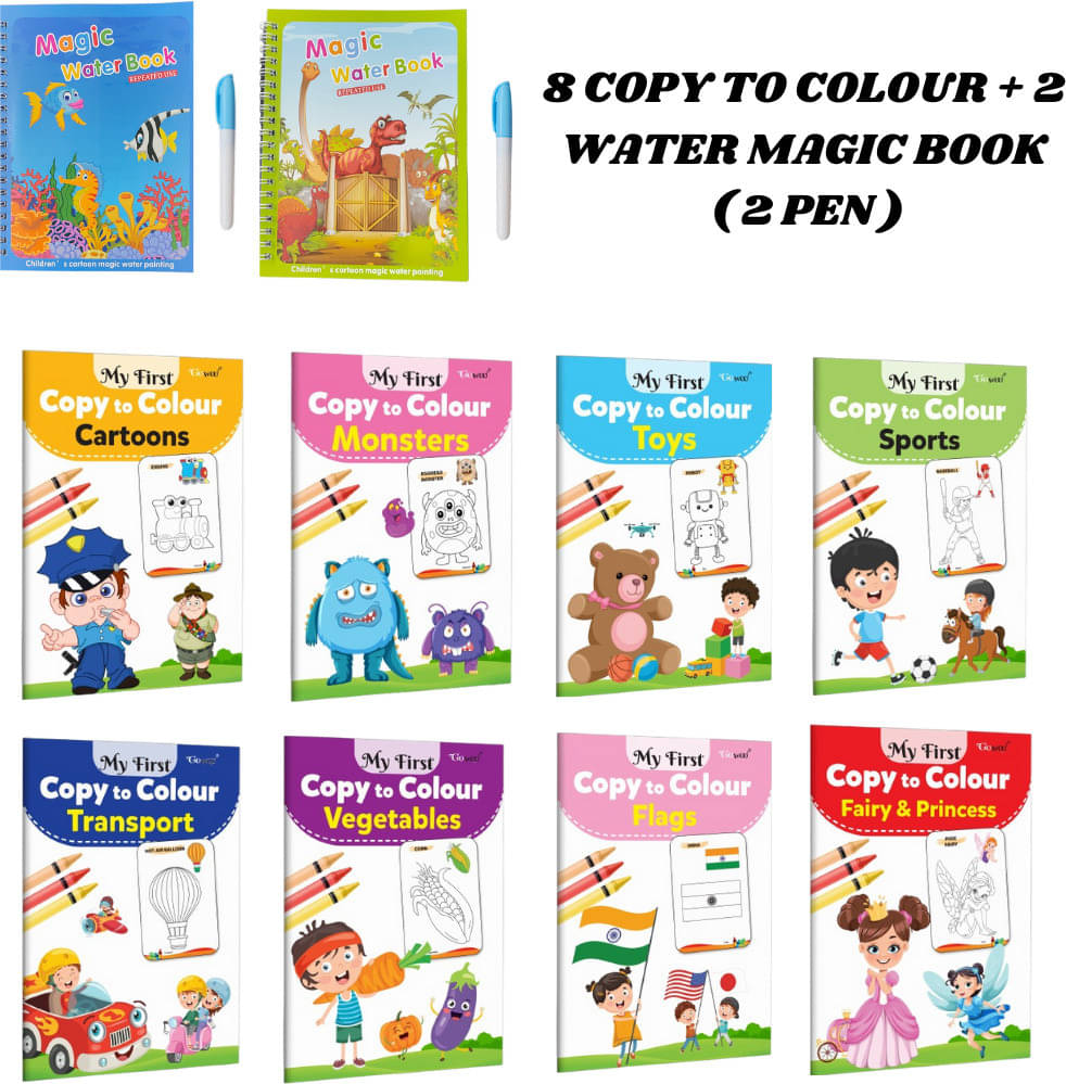 Copy to Colour Book (8 Titles) for Kids | Cartoons, Sports, Transports, Princess, etc. | 2 Water Magic Book + 1 Pen Each | Aqua Theme & Dino Theme | Learn & Fun Combo Pack for Kids Copy to Colour Book (8 Titles) for Kids | Cartoons, Sports, Transports, Princess, etc. | 2 Water Magic Book + 1 Pen Each | Aqua Theme & Dino Theme | Learn & Fun Combo Pack for Kids