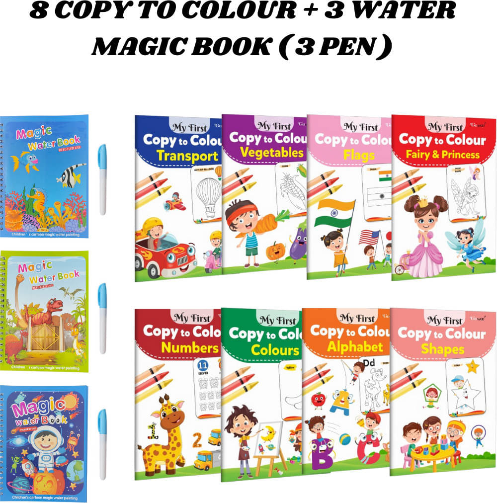     			Copy to Colour Book (8 Titles) for Kids | Alphabet, Colours, Vegetables, Flags, etc. | 3 Water Magic Book + 3 Chunky-Size Pen | Aqua, Dino & Space Theme | Learn & Fun Combo Pack for Growing Kids