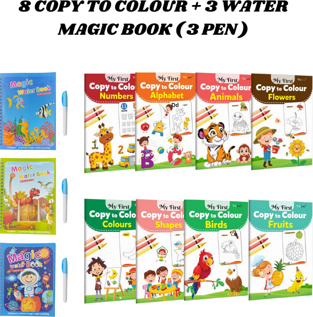 Copy to Colour Book (8 Titles) for Kids | Alphabet, Colours, Birds, Flowers, etc. | 3 Water Magic Book + 1 Pen Each | Aqua, Dino & Space Theme | Learn & Fun Combo Pack for Growing Kids Copy to Colour Book (8 Titles) for Kids | Alphabet, Colours, Birds, Flowers, etc. | 3 Water Magic Book + 1 Pen Each | Aqua, Dino & Space Theme | Learn & Fun Combo Pack for Growing Kids
