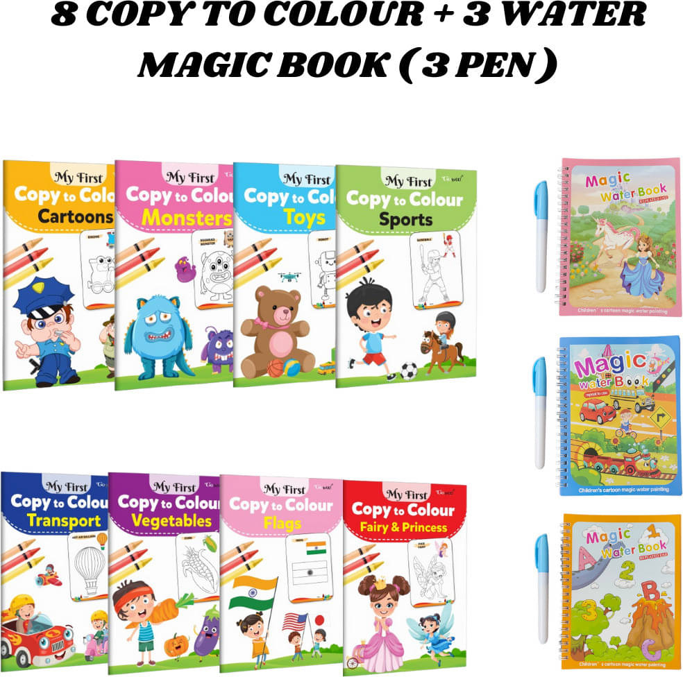 Copy to Colour Book (8 Titles) for Kids | Monsters, Cartoons, Princess, Transports, etc. | 3 Water Magic Book + 1 Pen Each | Alphabet, Car & Princess Theme | Unlimited Fun with Drawing Combo Pack for Kids Copy to Colour Book (8 Titles) for Kids | Monsters, Cartoons, Princess, Transports, etc. | 3 Water Magic Book + 1 Pen Each | Alphabet, Car & Princess Theme | Unlimited Fun with Drawing Combo Pack for Kids