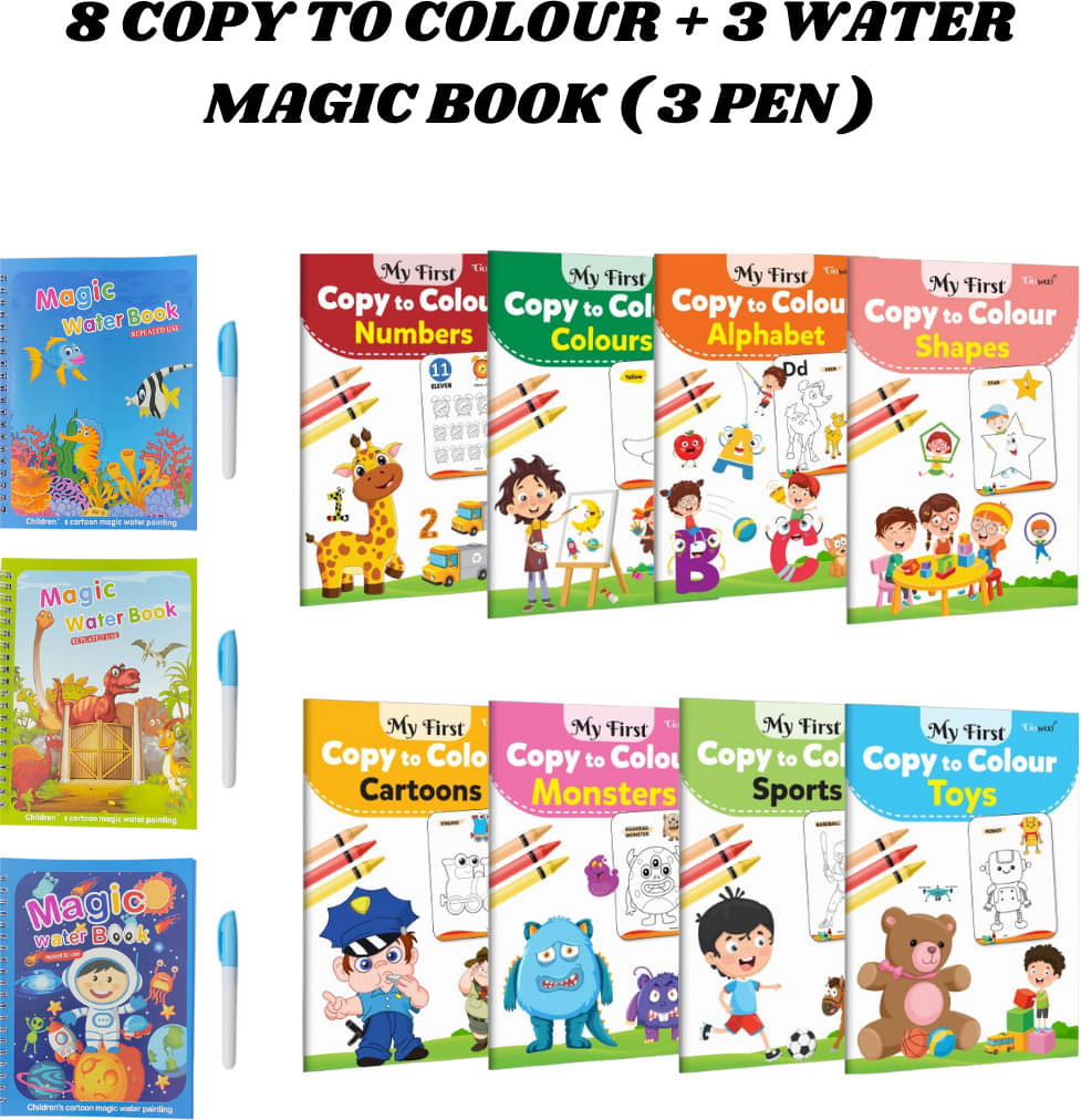     			Copy to Colour Book (8 Titles) for Kids | Alphabet, Colours, Monsters, Toys, etc. | 3 Water Magic Book + 3 Magic Doodle Pen | Aqua, Dino & Space Theme | Learn & Fun Combo Pack for Growing Kids