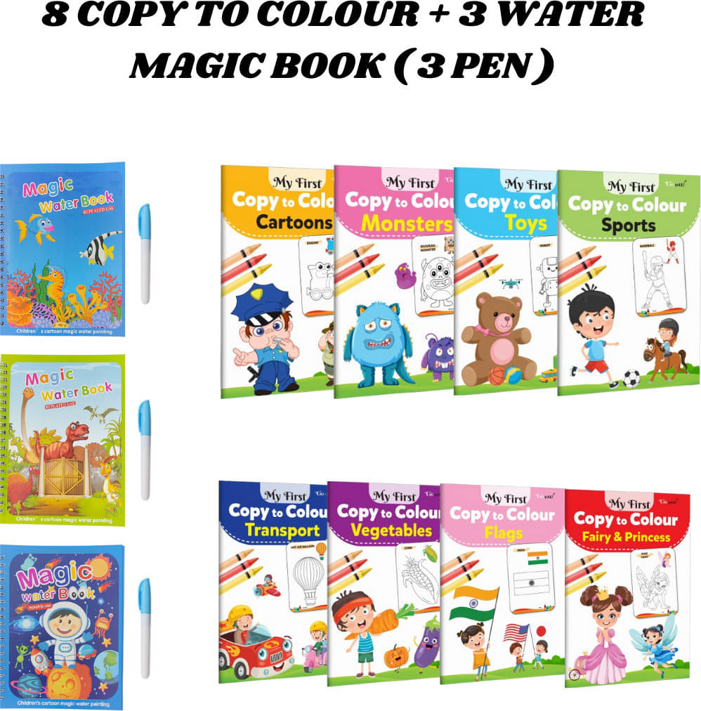 Copy to Colour Book (8 Titles) for Kids | Cartoons, Toys, Vegetables, Flags, etc. | 3 Water Magic Book + 1 Pen Each | Aqua, Dino & Space Theme | Learn & Fun Combo Pack for Growing Kids     			Copy to Colour Book (8 Titles) for Kids | Cartoons, Toys, Vegetables, Flags, etc. | 3 Water Magic Book + 1 Pen Each | Aqua, Dino & Space Theme | Learn & Fun Combo Pack for Growing Kids