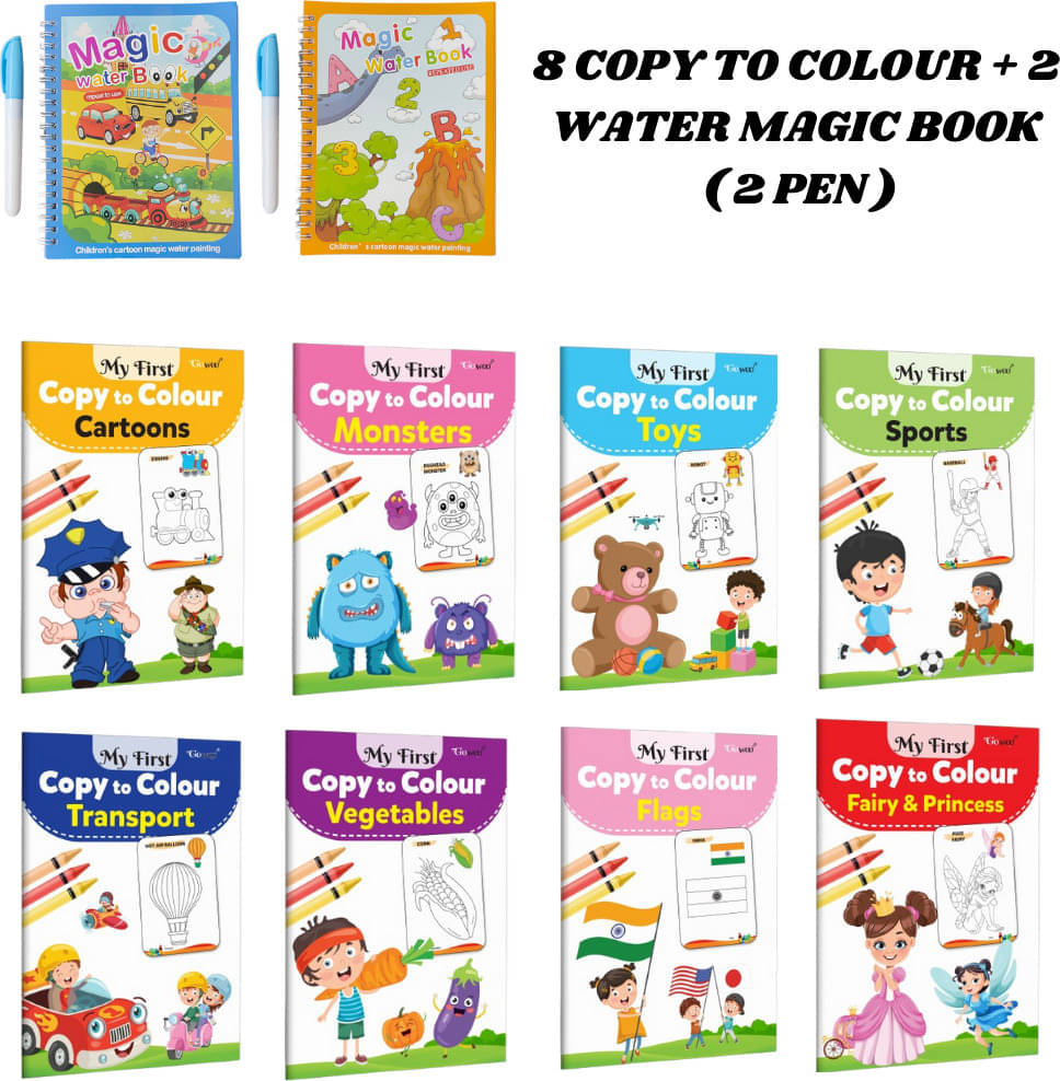 Copy to Colour Book (8 Titles) for Kids | Sports, Cartoons, Princess, Transports, etc. | 2 Water Magic Book + 1 Pen Each | Car Theme & Alphabet Theme | Unlimited Fun with Drawing Combo Pack for Kids Copy to Colour Book (8 Titles) for Kids | Sports, Cartoons, Princess, Transports, etc. | 2 Water Magic Book + 1 Pen Each | Car Theme & Alphabet Theme | Unlimited Fun with Drawing Combo Pack for Kids