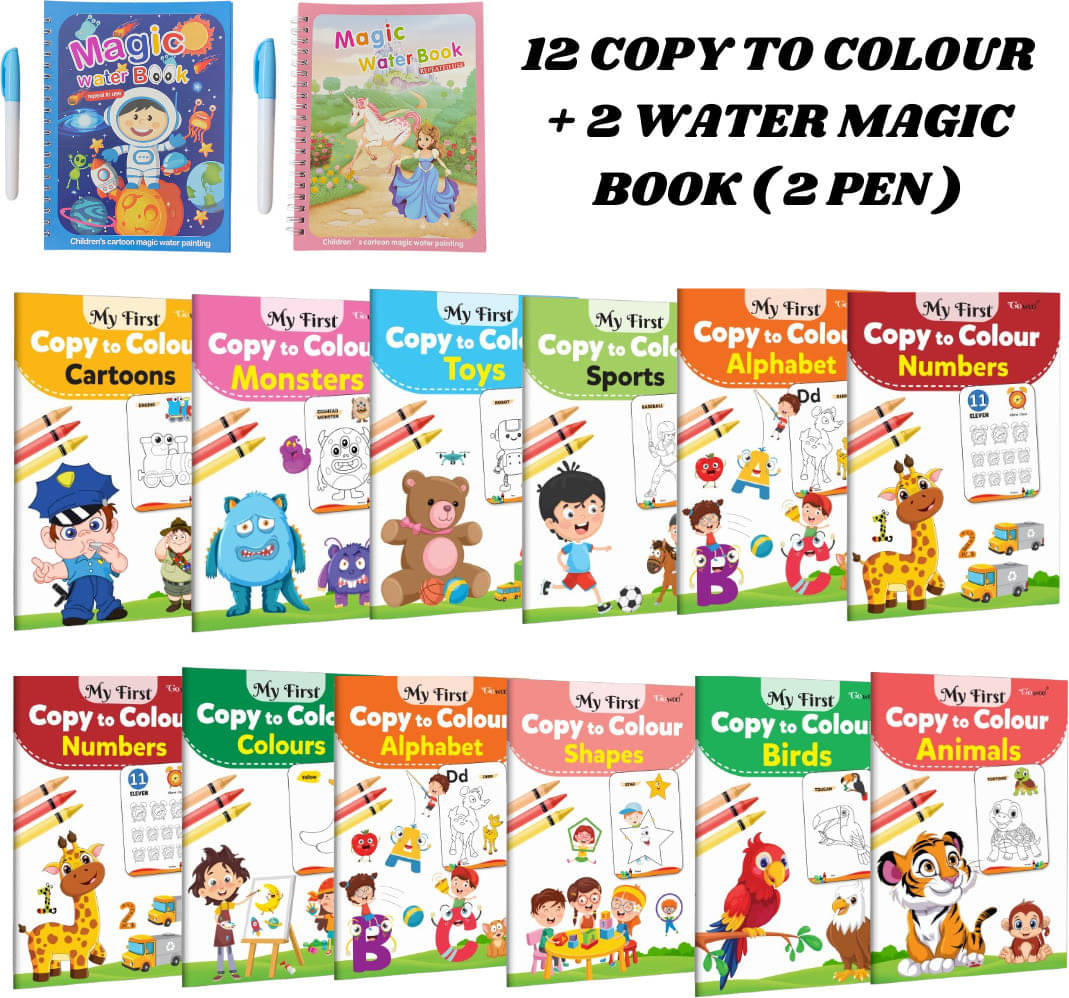 Copy to Colour Book Set (12 Titles) for Kids | 12+ Topics | Includes 2 Water Magic Books + 1 Pen Each Copy to Colour Book Set (12 Titles) for Kids | 12+ Topics | Includes 2 Water Magic Books + 1 Pen Each