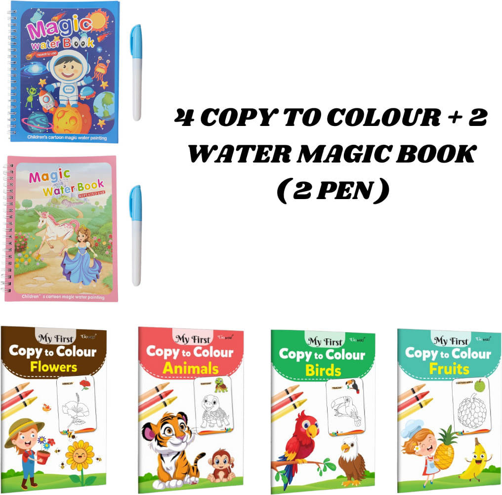 Copy to Colour Book for Kids (4 Titles - Flowers, Birds, Fruits & Animals), 2 Water Magic Book + 2 Pen Each (Space & Princess Theme), Water Quick Dry Painting Book, Unlimited Fun with Drawing Copy to Colour Book for Kids (4 Titles - Flowers, Birds, Fruits & Animals), 2 Water Magic Book + 2 Pen Each (Space & Princess Theme), Water Quick Dry Painting Book, Unlimited Fun with Drawing