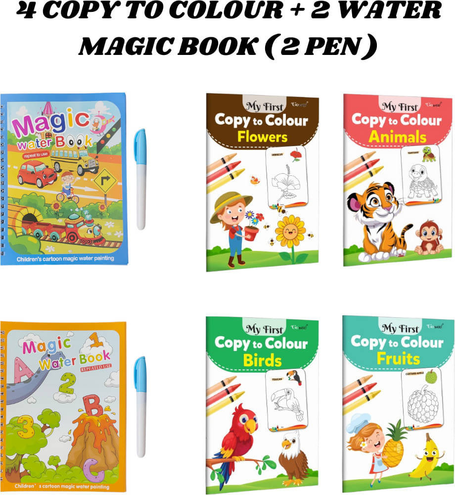 Copy to Colour Book for Kids (4 Titles - Birds, Flowers, Animals & Fruits), 2 Water Magic Book + 2 Pen Each (Car & Alphabet Theme), Reusable Book, Magic Doodle Pen, Chunky-Size     			Copy to Colour Book for Kids (4 Titles - Birds, Flowers, Animals & Fruits), 2 Water Magic Book + 2 Pen Each (Car & Alphabet Theme), Reusable Book, Magic Doodle Pen, Chunky-Size