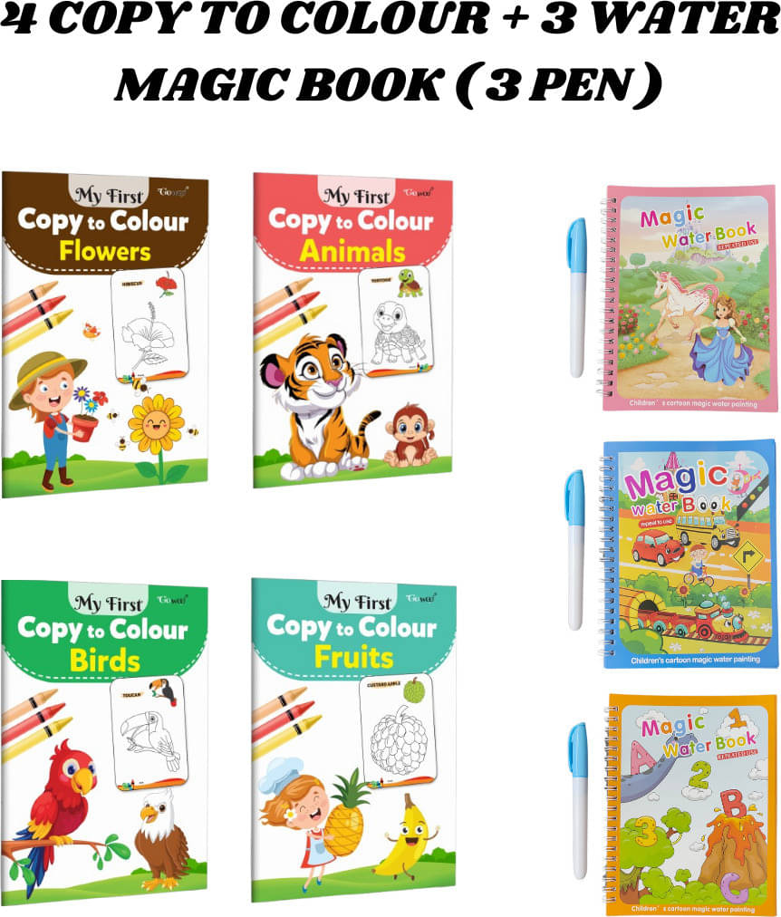Copy to Colour Book for Kids (4 Titles - Birds, Flowers, Animals & Fruits), 3 Water Magic Book + 3 Pen Each (Alphabet, Car & Princess Theme), Reusable Book, Magic Doodle Pen, Chunky-Size, Learn & Fun Copy to Colour Book for Kids (4 Titles - Birds, Flowers, Animals & Fruits), 3 Water Magic Book + 3 Pen Each (Alphabet, Car & Princess Theme), Reusable Book, Magic Doodle Pen, Chunky-Size, Learn & Fun