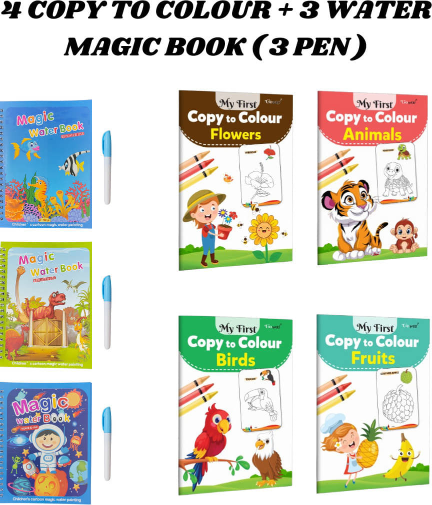     			Copy to Colour Book for Kids (4 Titles - Animals, Birds, Flowers & Fruits), 3 Water Magic Book + 3 Pen Each (Aqua, Dino & Space Theme), Learn & Fun, Chunky-Size, Quick Dry Painting Book for Kids