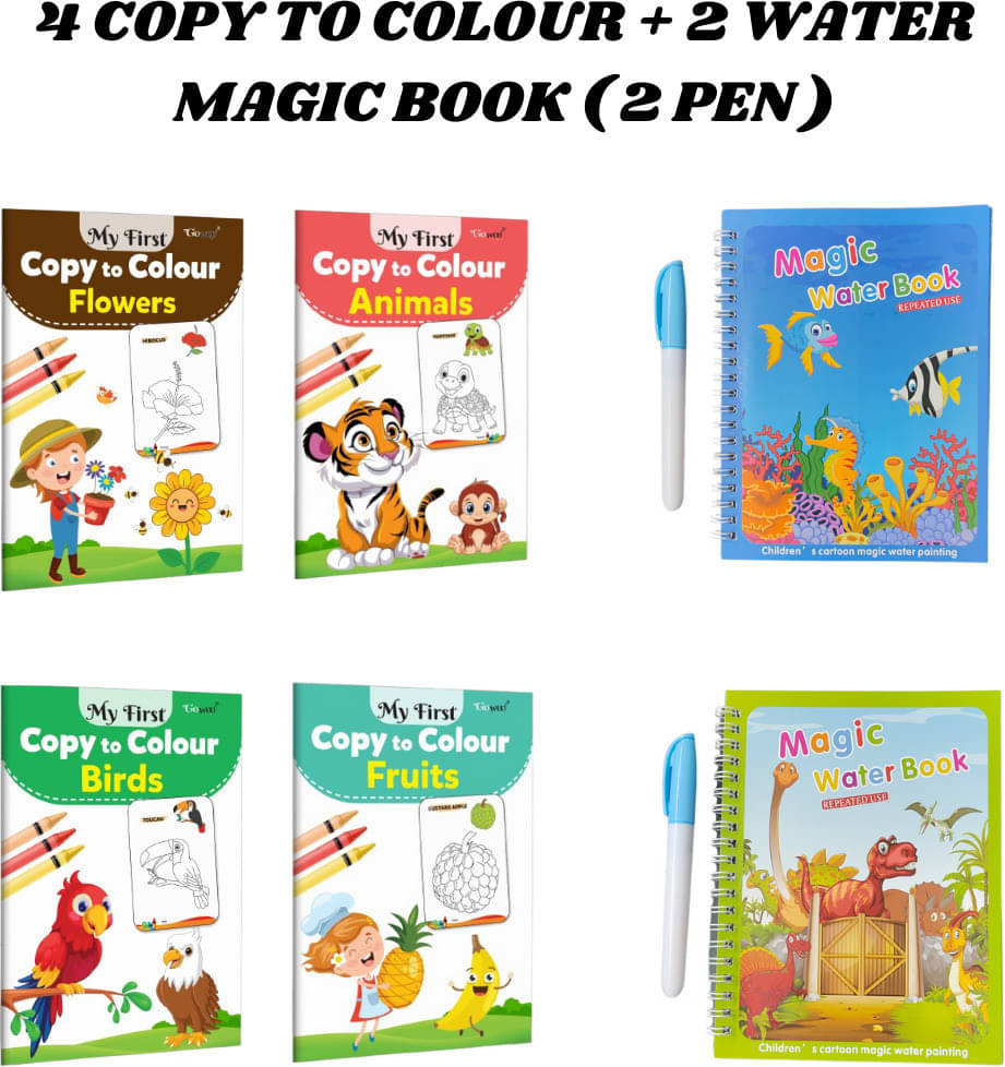 Copy to Colour Book for Kids (4 Titles - Animals, Birds, Flowers & Fruits), 2 Water Magic Book + 2 Pen Each (Aqua & Dino Theme), Learn & Fun, Chunky-Size, Reusable Book for Kids Copy to Colour Book for Kids (4 Titles - Animals, Birds, Flowers & Fruits), 2 Water Magic Book + 2 Pen Each (Aqua & Dino Theme), Learn & Fun, Chunky-Size, Reusable Book for Kids
