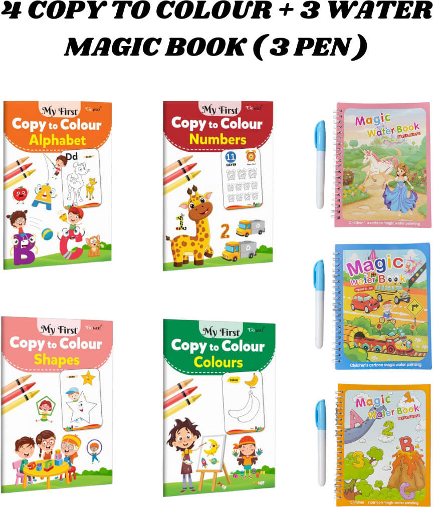 Copy to Colour Book for Kids | 4 Titles - Shapes, Alphabet, Colours & Numbers | 3 Water Magic Book with 3 Chunky-Size Water Pen | Alphabet, Car & Princess Theme For Kids | Water Quick Dry Painting Book Copy to Colour Book for Kids | 4 Titles - Shapes, Alphabet, Colours & Numbers | 3 Water Magic Book with 3 Chunky-Size Water Pen | Alphabet, Car & Princess Theme For Kids | Water Quick Dry Painting Book