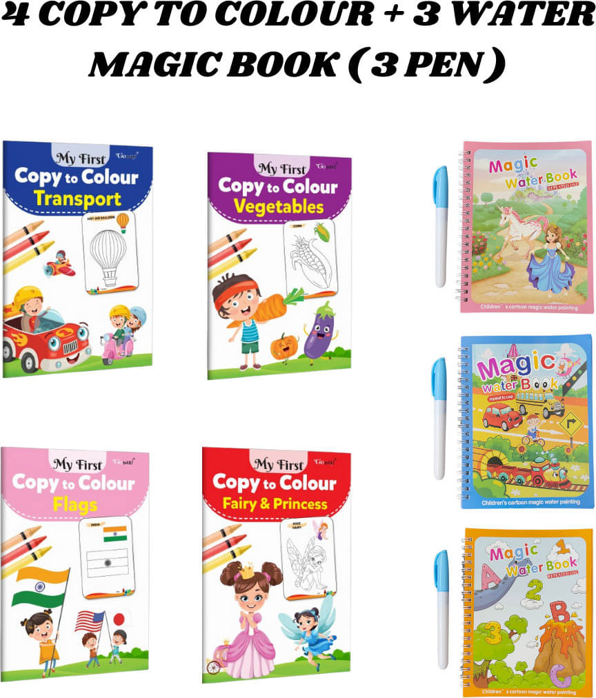 Copy to Colour Book for Kids | 4 Titles - Princess, Flags, Transports & Vegetables | 3 Water Magic Book with 3 Chunky-Size Water Pen | Alphabet, Car & Princess Theme For Kids | Quick Dry Painting Book Copy to Colour Book for Kids | 4 Titles - Princess, Flags, Transports & Vegetables | 3 Water Magic Book with 3 Chunky-Size Water Pen | Alphabet, Car & Princess Theme For Kids | Quick Dry Painting Book