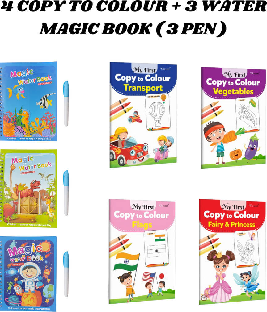     			Copy to Colour Book for Kids | 4 Titles - Transports, Vegetables, Flags & Princess | 3 Water Magic Book with 3 Chunky-Size Water Pen | Water, Dino & Space Theme For Kids | Reusable Book