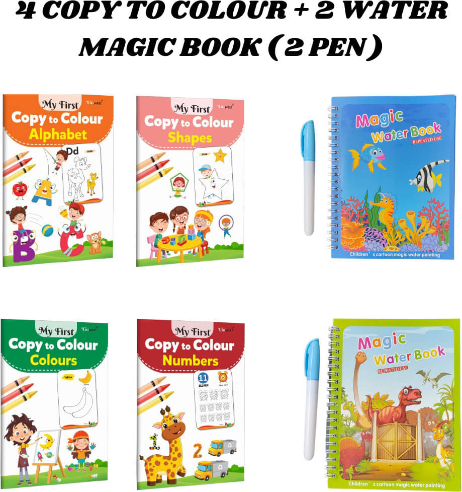 Copy to Colour Book for Kids | 4 Titles - Alphabet, Shapes, Colours & Numbers | 2 Water Magic Book with 2 Magic Doodle Pen | Aqua & Dino Theme | Unlimited Fun with Drawing Copy to Colour Book for Kids | 4 Titles - Alphabet, Shapes, Colours & Numbers | 2 Water Magic Book with 2 Magic Doodle Pen | Aqua & Dino Theme | Unlimited Fun with Drawing