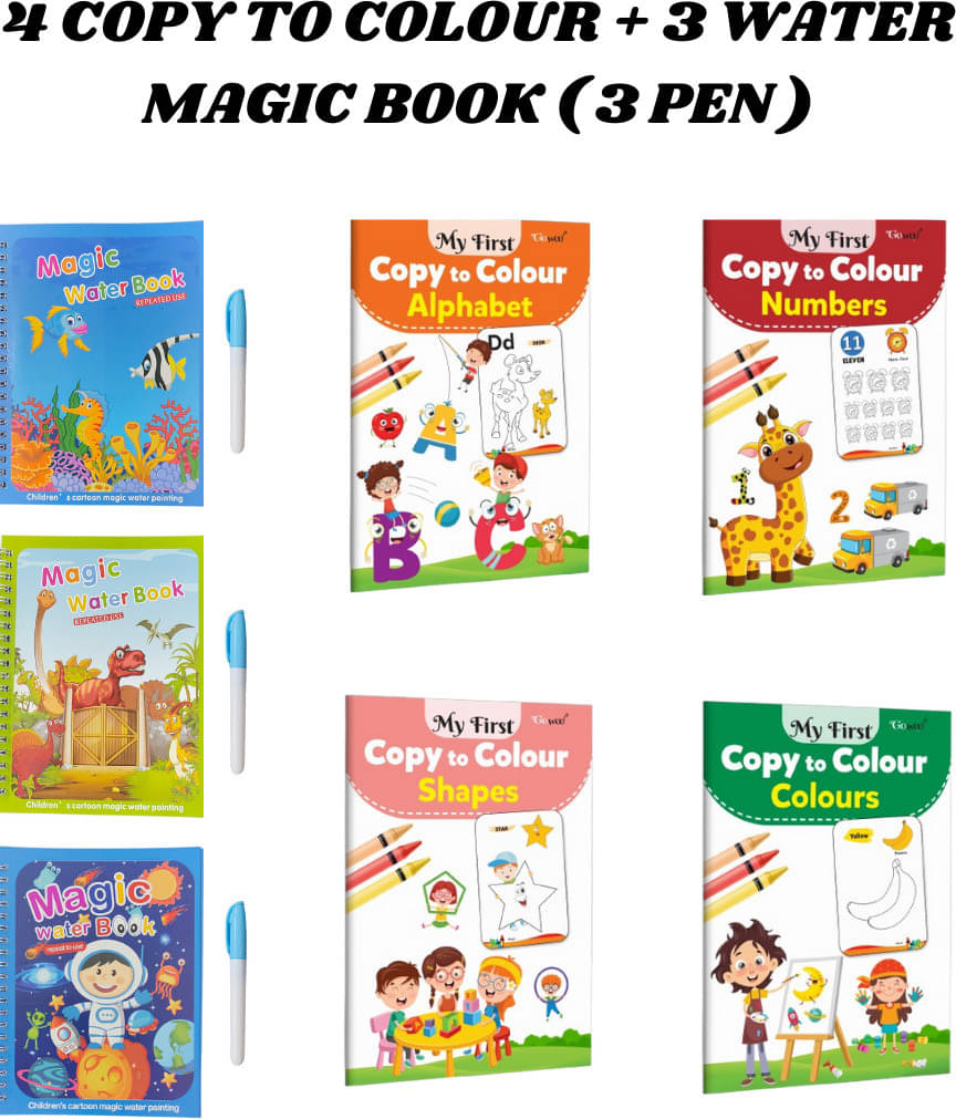     			Copy to Colour Book for Kids | 4 Titles - Alphabet, Shapes, Colours & Numbers | 3 Water Magic Book with 3 Chunky-Size Water Pen | Aqua , Dino & Space Theme For Kids | Reusable Book