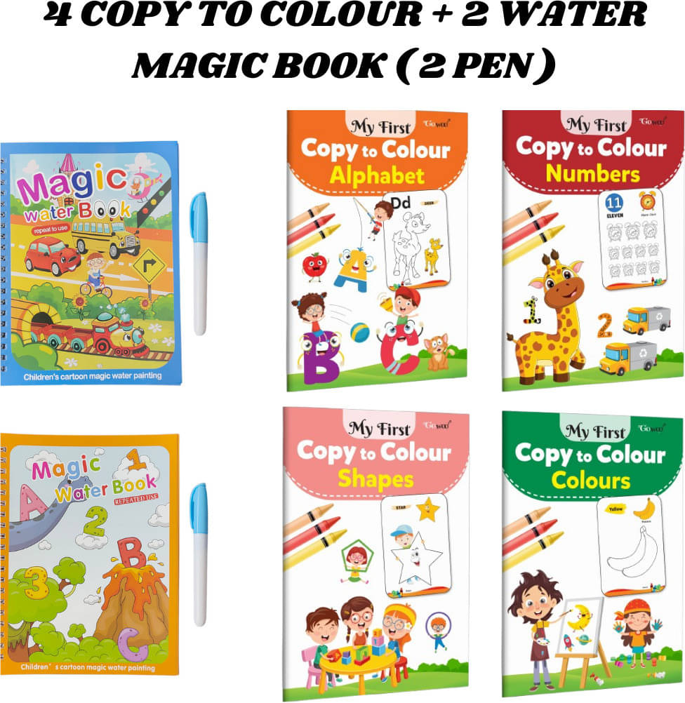 Copy to Colour Book for Kids | 4 Titles - Shapes, Numbers, Colours & Alphabet | 2 Water Magic Book with 2 Magic Doodle Pen | Car & Alphabet Theme | Unlimited Learn & Fun | Reusable Book for Kids Copy to Colour Book for Kids | 4 Titles - Shapes, Numbers, Colours & Alphabet | 2 Water Magic Book with 2 Magic Doodle Pen | Car & Alphabet Theme | Unlimited Learn & Fun | Reusable Book for Kids
