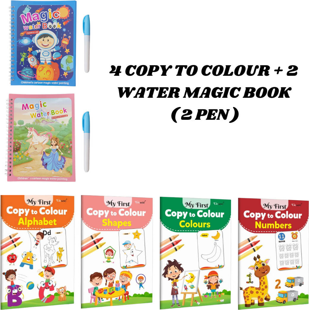 Copy to Colour Book for Kids | 4 Titles - Shapes, Alphabet, Colours & Numbers | 2 Water Magic Book with 2 Magic Doodle Pen | Space & Princess Theme | Quick Dry Painting Book for Kid's Copy to Colour Book for Kids | 4 Titles - Shapes, Alphabet, Colours & Numbers | 2 Water Magic Book with 2 Magic Doodle Pen | Space & Princess Theme | Quick Dry Painting Book for Kid's