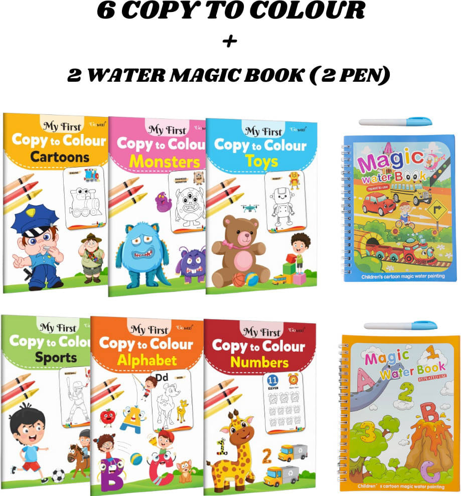 Copy to Colour Book for Kids (4 Titles - Numbers, Shapes, Animals, Alphabets, Birds & Colours), 2 Water Magic Book + 2 Pen Each (Car & Alphabet Theme), Reusable Book, Magic Doodle Pen, Chunky-Size Copy to Colour Book for Kids (4 Titles - Numbers, Shapes, Animals, Alphabets, Birds & Colours), 2 Water Magic Book + 2 Pen Each (Car & Alphabet Theme), Reusable Book, Magic Doodle Pen, Chunky-Size