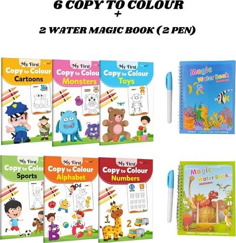 Copy to Colour Book for Kids (4 Titles - Alphabets, Shapes, Colours, Numbers, Animals & Birds), 2 Water Magic Book + 2 Pen Each (Aqua & Dino Theme), Learn & Fun, Chunky-Size, Reusable Book for Kids Copy to Colour Book for Kids (4 Titles - Alphabets, Shapes, Colours, Numbers, Animals & Birds), 2 Water Magic Book + 2 Pen Each (Aqua & Dino Theme), Learn & Fun, Chunky-Size, Reusable Book for Kids