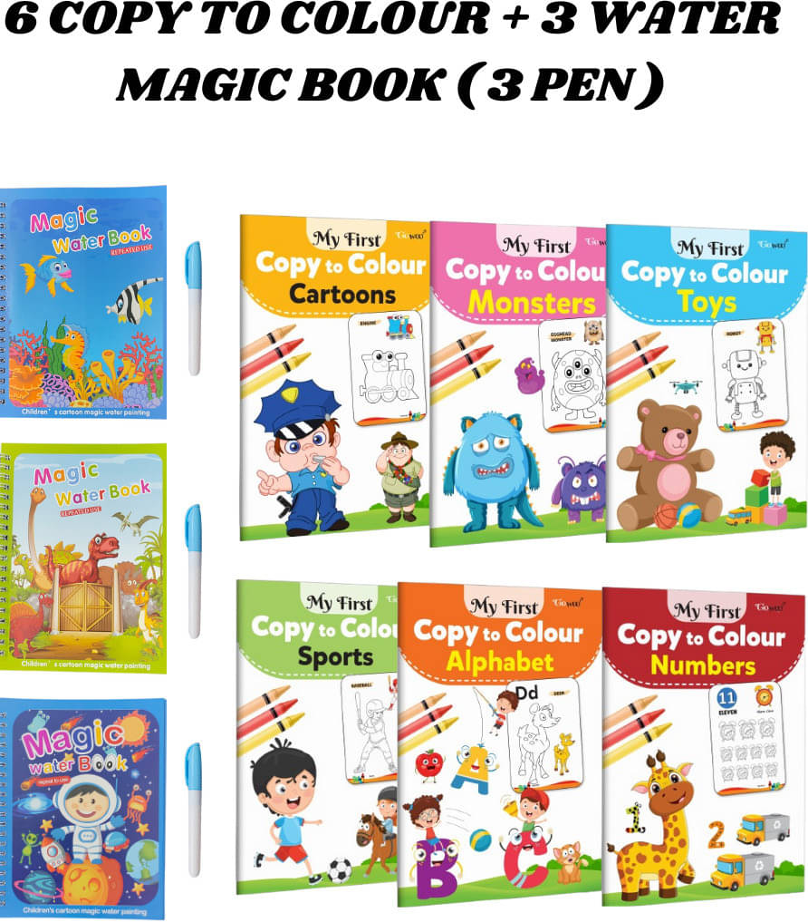     			Copy to Colour Book for Kids (4 Titles - Alphabets, Shapes, Colours, Numbers, Animals & Birds), 3 Water Magic Book + 3 Pen Each (Aqua, Dino & Space Theme), Learn & Fun, Chunky-Size, Quick Dry Painting