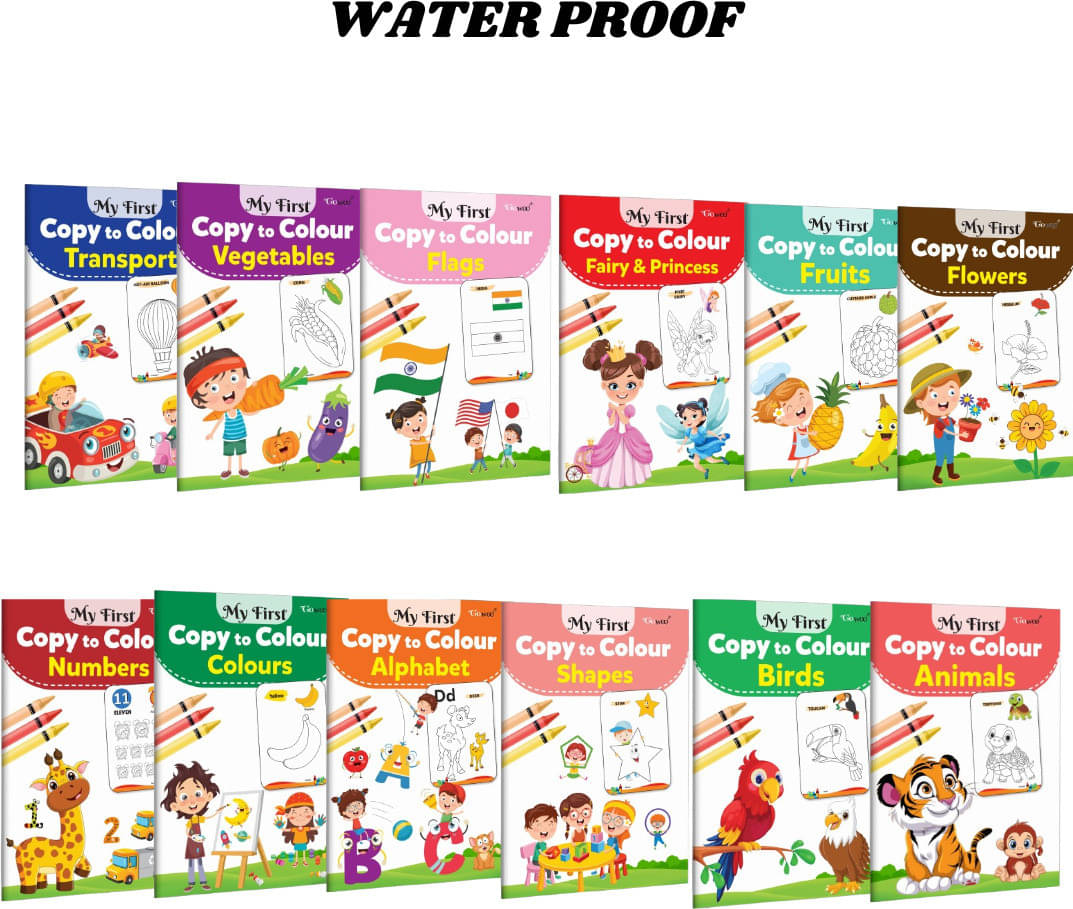 Copy to Colour Drawing Book Set (12 Titles) for Kids | ABC, Animals & More | 2 Water Magic Books + 1 Pen Each Copy to Colour Drawing Book Set (12 Titles) for Kids | ABC, Animals & More | 2 Water Magic Books + 1 Pen Each