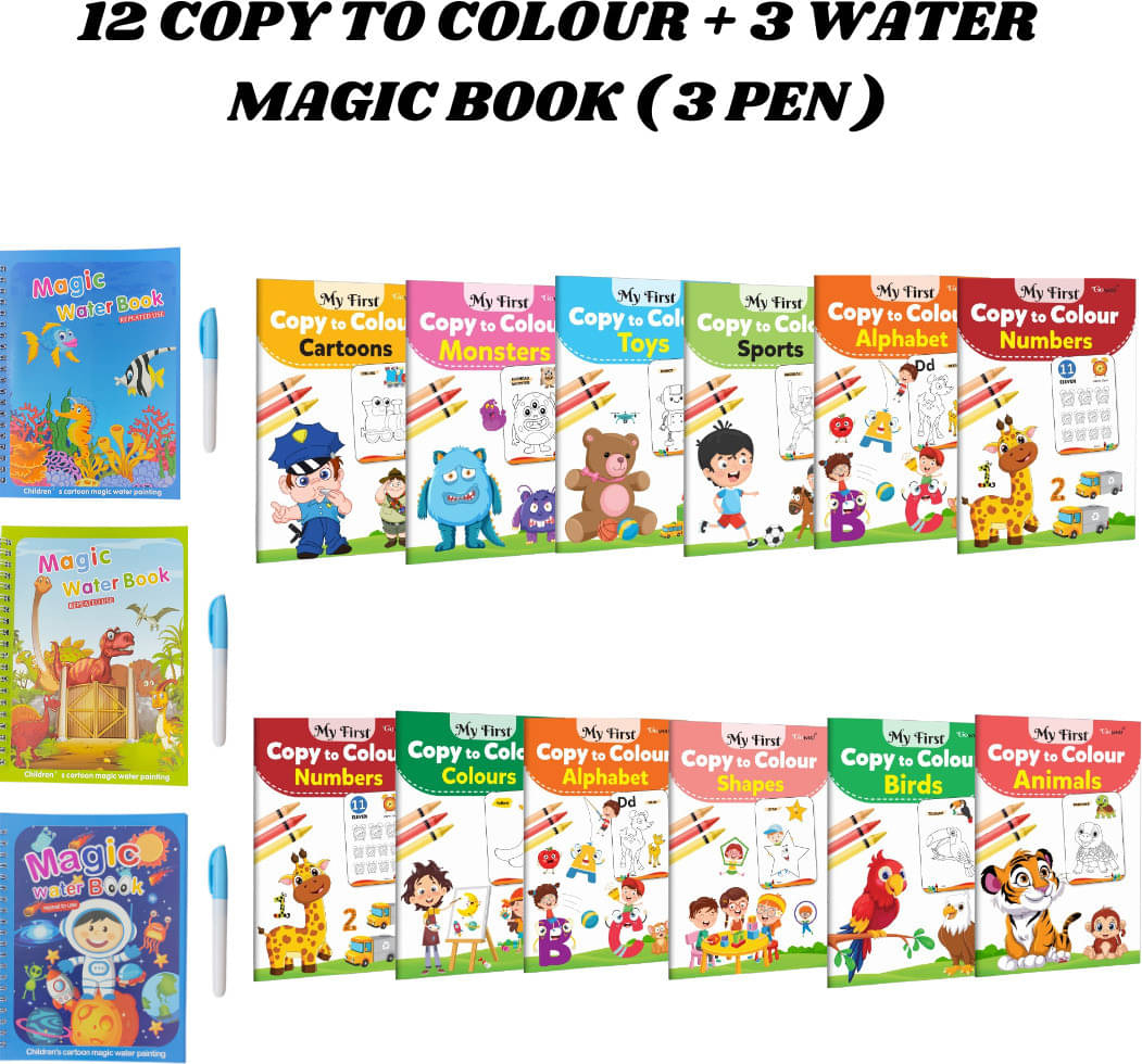Copy to Colour Drawing Book Set (12 Titles) | ABC, Animals & More | 3 Water Magic Books + 1 Pen Each Copy to Colour Drawing Book Set (12 Titles) | ABC, Animals & More | 3 Water Magic Books + 1 Pen Each