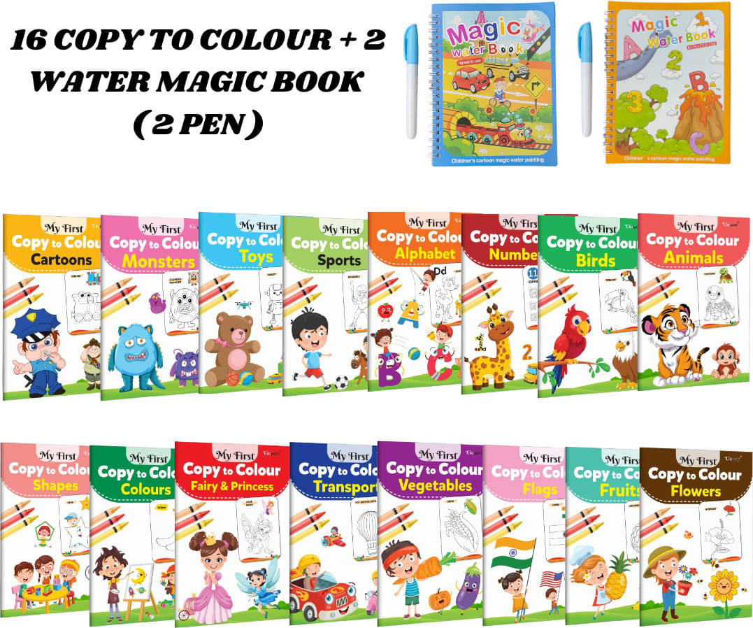     			Copy to Colour Drawing Book Set (16 Titles) | ABC, Animals & More | 2 Water Magic Books + 1 Pen Each