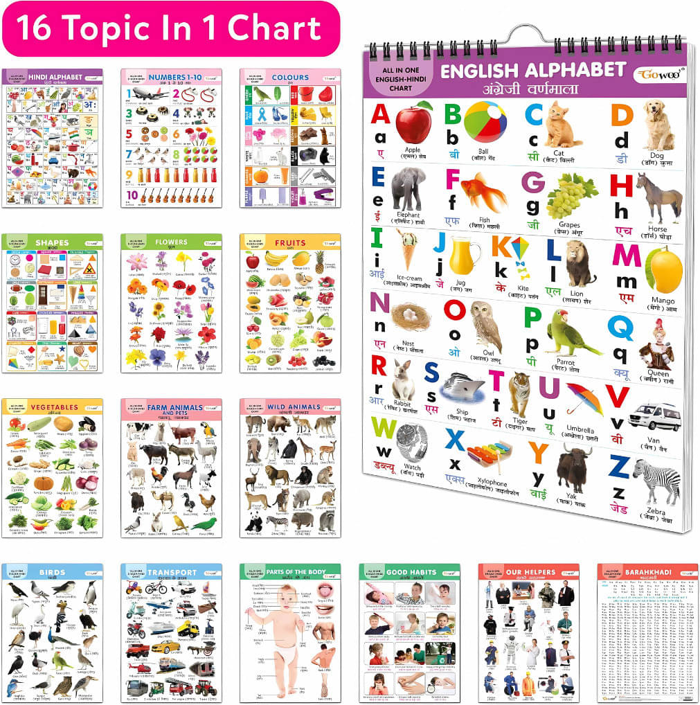 English-Hindi Spiral Chart (16 Topics) & Sank Book with Pen, Refills, Gripper | Kids English-Hindi Spiral Chart (16 Topics) & Sank Book with Pen, Refills, Gripper | Kids