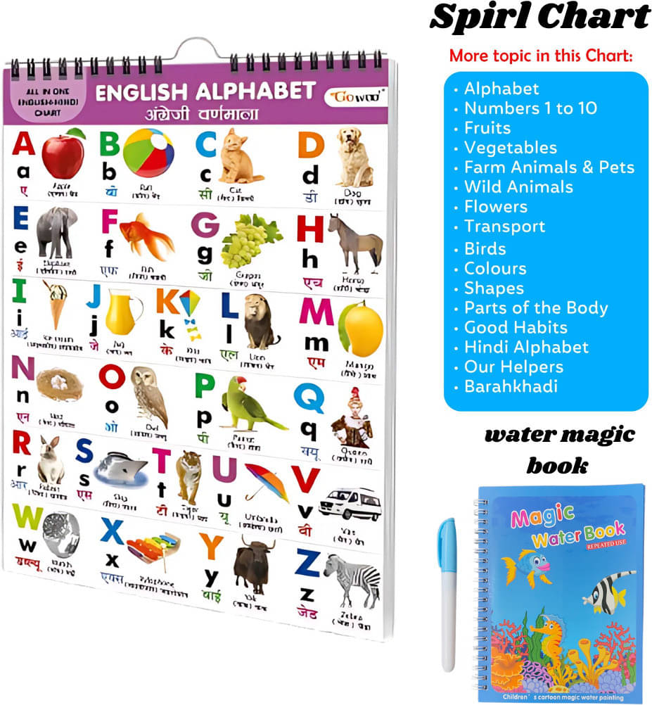 English-Hindi Spiral Chart (16 Topics) & Water Magic Book with Pen | Kids Gift Set     			English-Hindi Spiral Chart (16 Topics) & Water Magic Book with Pen | Kids Gift Set