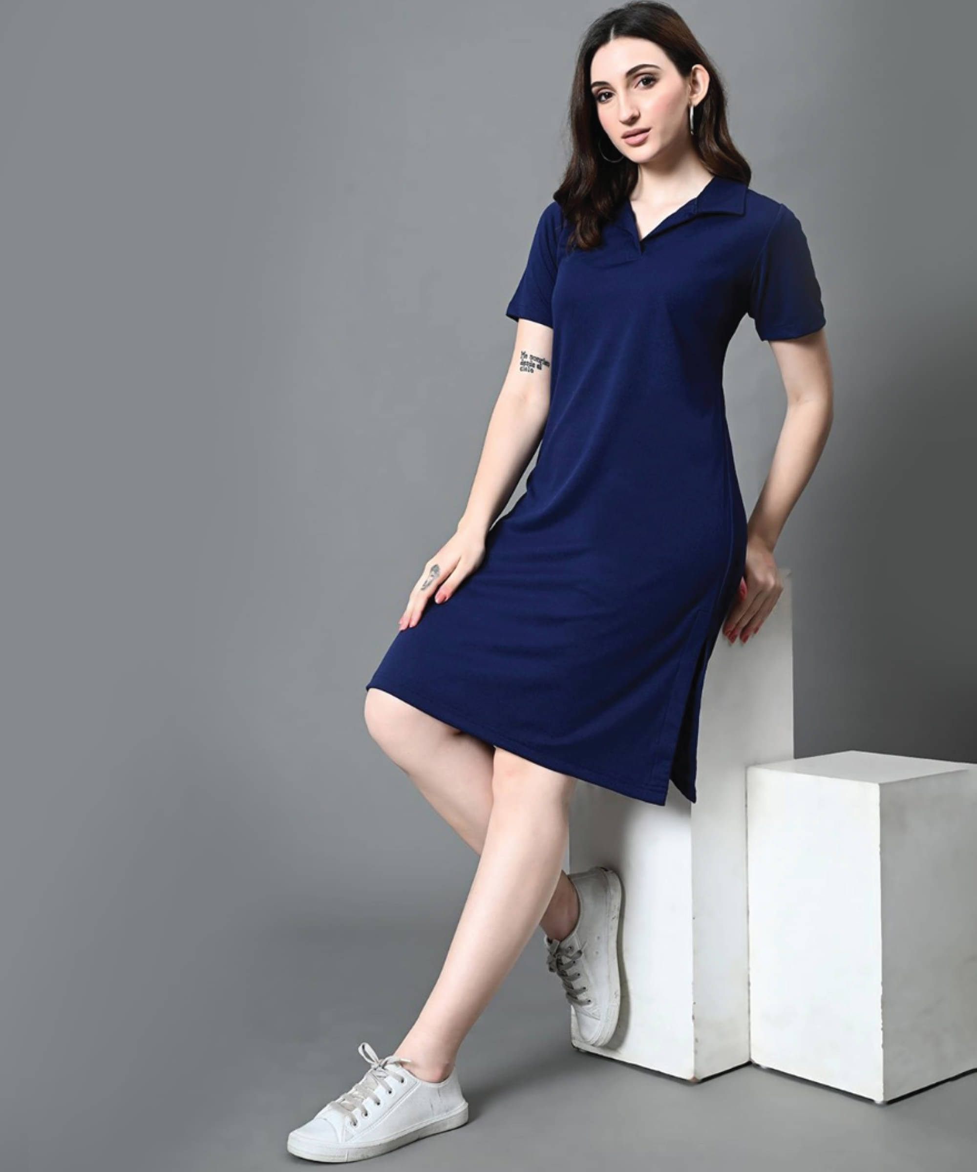 GRAND MALBORK Women Polyester Solid T-shirt Dress ( Dark Blue ) GRAND MALBORK Women Polyester Solid T-shirt Dress ( Dark Blue )