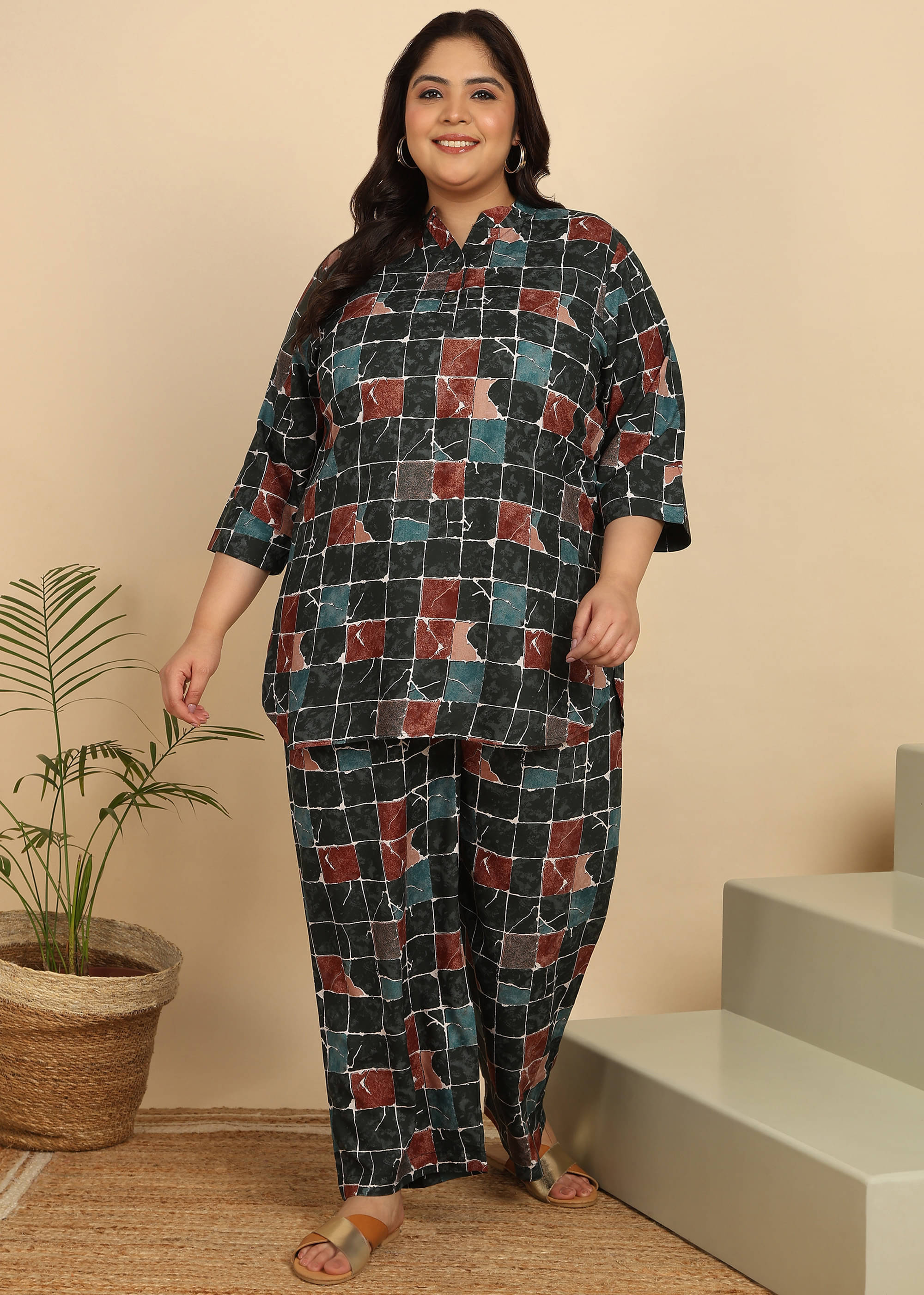     			Habibichoice Women Printed Tunic With Palazzos Co-Ord Set ( Green )