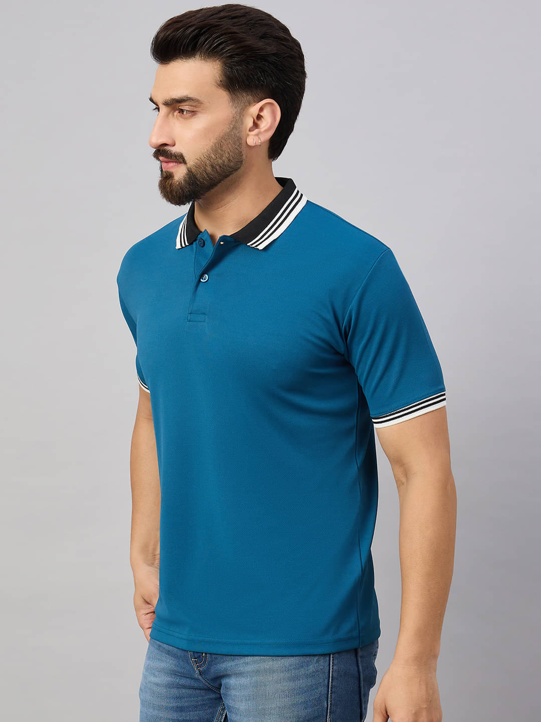     			Hushbucks Men Cotton Blend Regular Fit Solid Polo T Shirt ( Teal Blue )