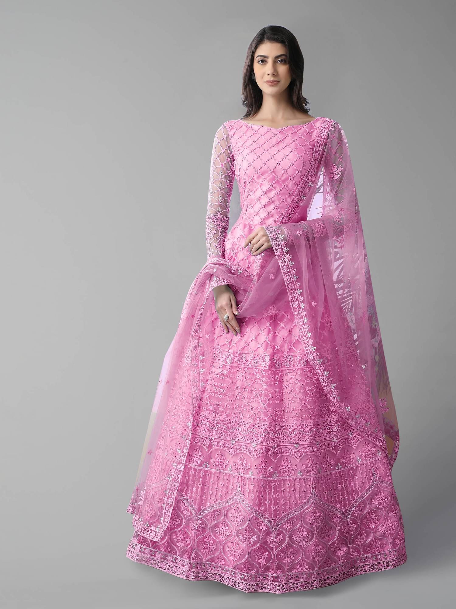 JULEE Women Net Flared Semi Stitched Ethnic Gown ( Pink ) JULEE Women Net Flared Semi Stitched Ethnic Gown ( Pink )