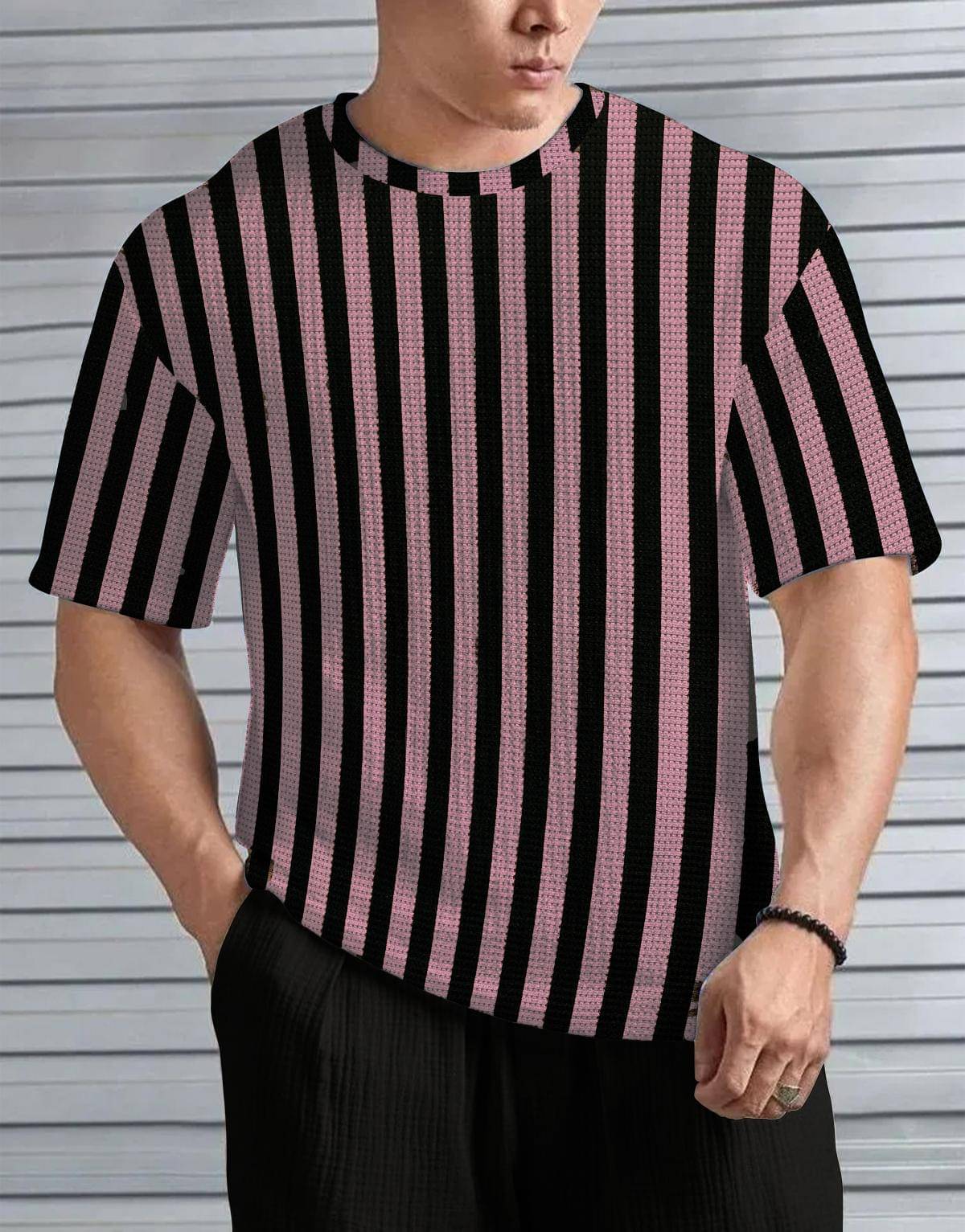 KAJARU Men Polyester Regular Fit Striped T-Shirt ( Pink ) KAJARU Men Polyester Regular Fit Striped T-Shirt ( Pink )
