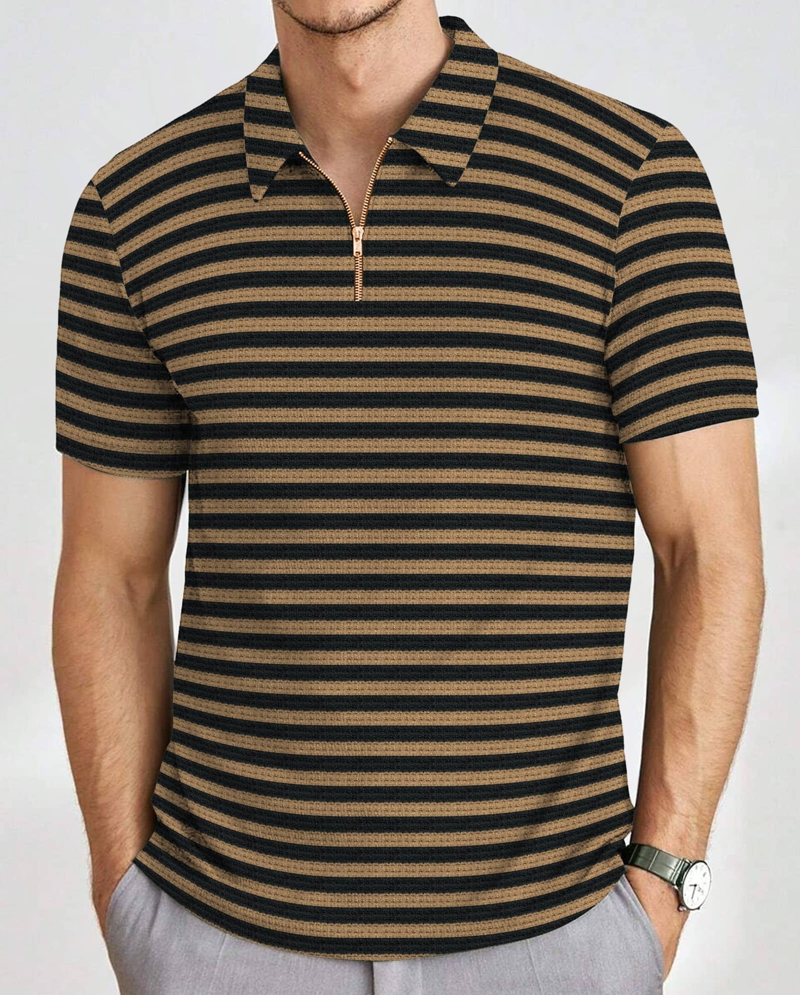 KAJARU Men Polyester Regular Fit Striped Polo T Shirt ( Black )