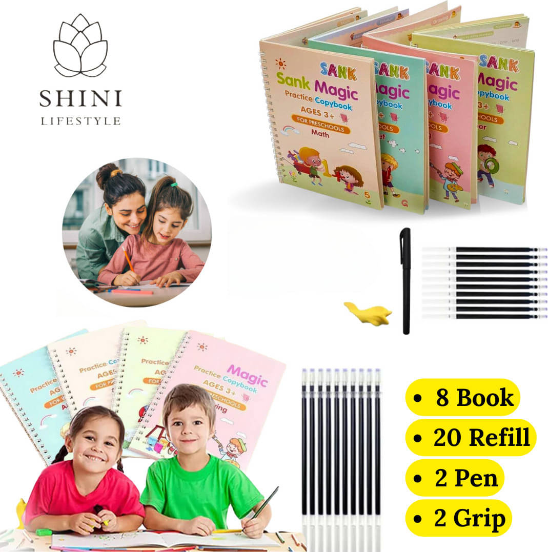     			Kid's Sank Magic Reusable Tracing Magic Copybook Set Practical Reusable Writing Tool, Magic Calligraphy Copybook Set (8 BOOK + 20 REFILL+ 2 pen +2 grip)