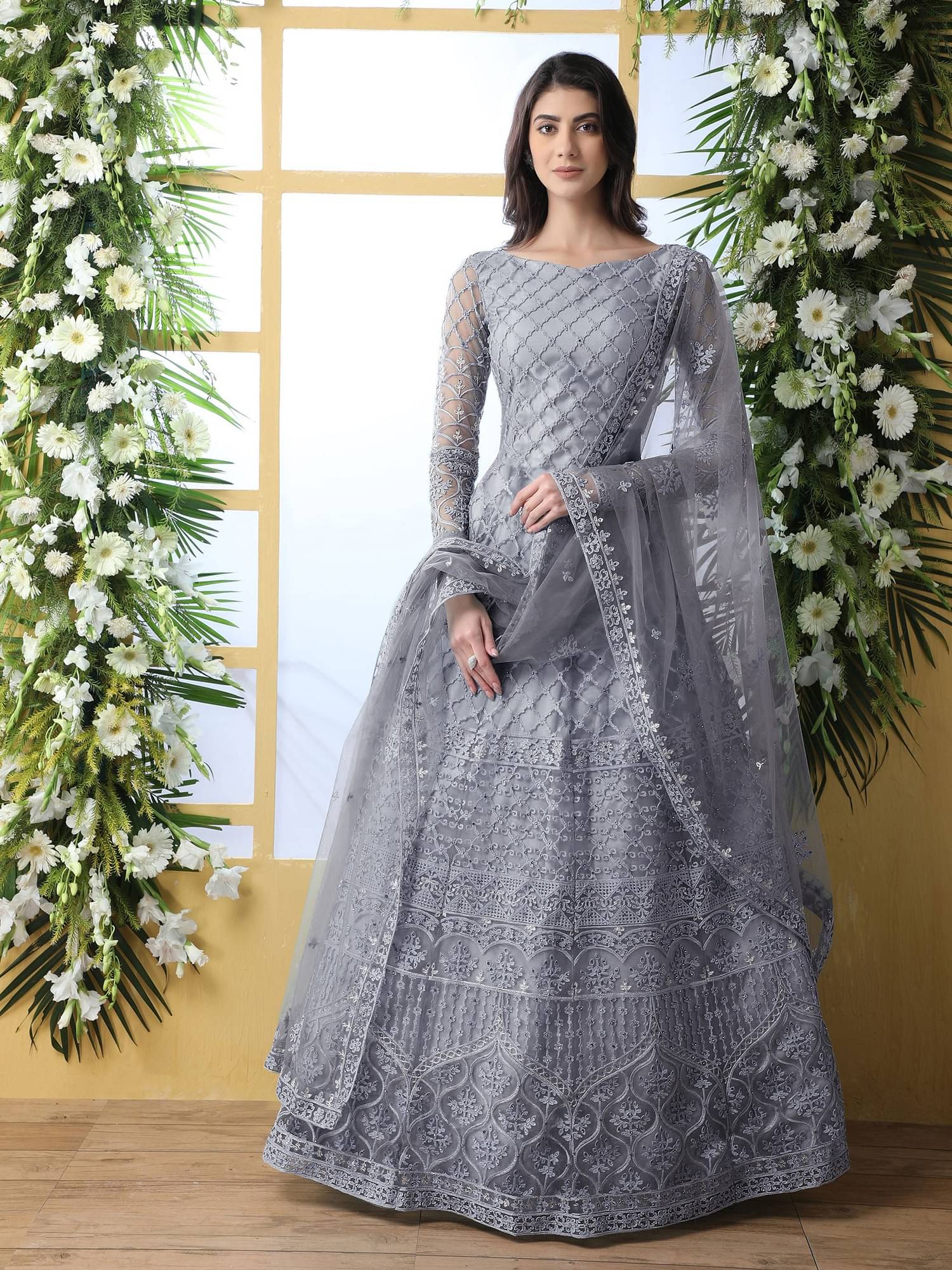     			Lady Shopi Women Net Flared Semi Stitched Ethnic Gown ( Grey )
