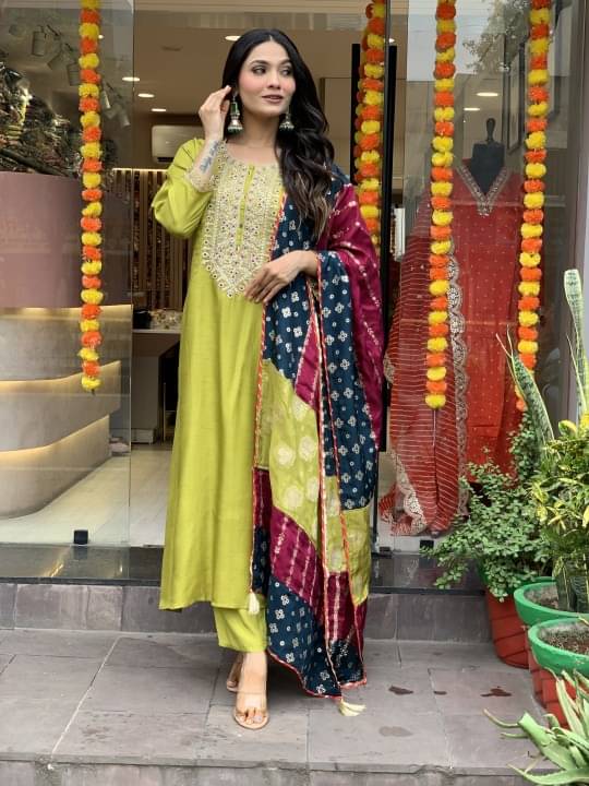     			MAYBLY Women Silk Blend Embroidered A-line Kurti With Pants ( Lime Green )