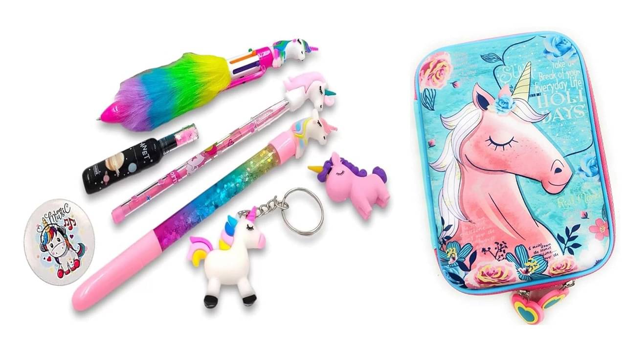     			MINDFIT PREMIUM UNICORN COMBO OF 8PCS  POUCH  FUR PEN  PENCIL  ERASER  HIGHLIGHTER  WATER PEN  KEY CHAIN  BADGE  STATIONERY SUPPLIES  STATIONERY COMBO  UNICORN STATIONERY  BIRTHDAY RETURN GIFT  KIDS COMBO