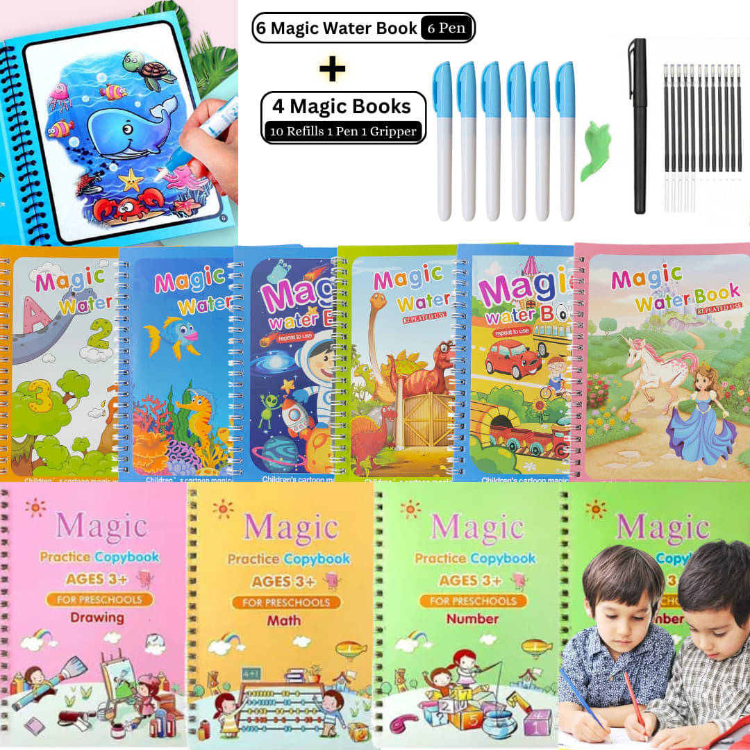 Magic Water Painting Book with Sank Magic Practice  Combo Number, alphabet, drawing, maths, Reusable Water Painting and Hand Lettering Set for Kids (4 Book + 10 Refill + 1 Pen + 1 Grip with 6 Magic Water Book with 6 Pen)     			Magic Water Painting Book with Sank Magic Practice  Combo Number, alphabet, drawing, maths, Reusable Water Painting and Hand Lettering Set for Kids (4 Book + 10 Refill + 1 Pen + 1 Grip with 6 Magic Water Book with 6 Pen)
