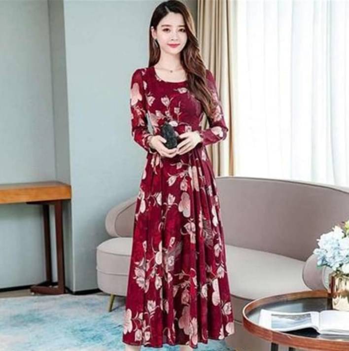 RAABTA FASHIION Women Crepe Printed Fit & Flare Dress ( Maroon )     			RAABTA FASHIION Women Crepe Printed Fit & Flare Dress ( Maroon )