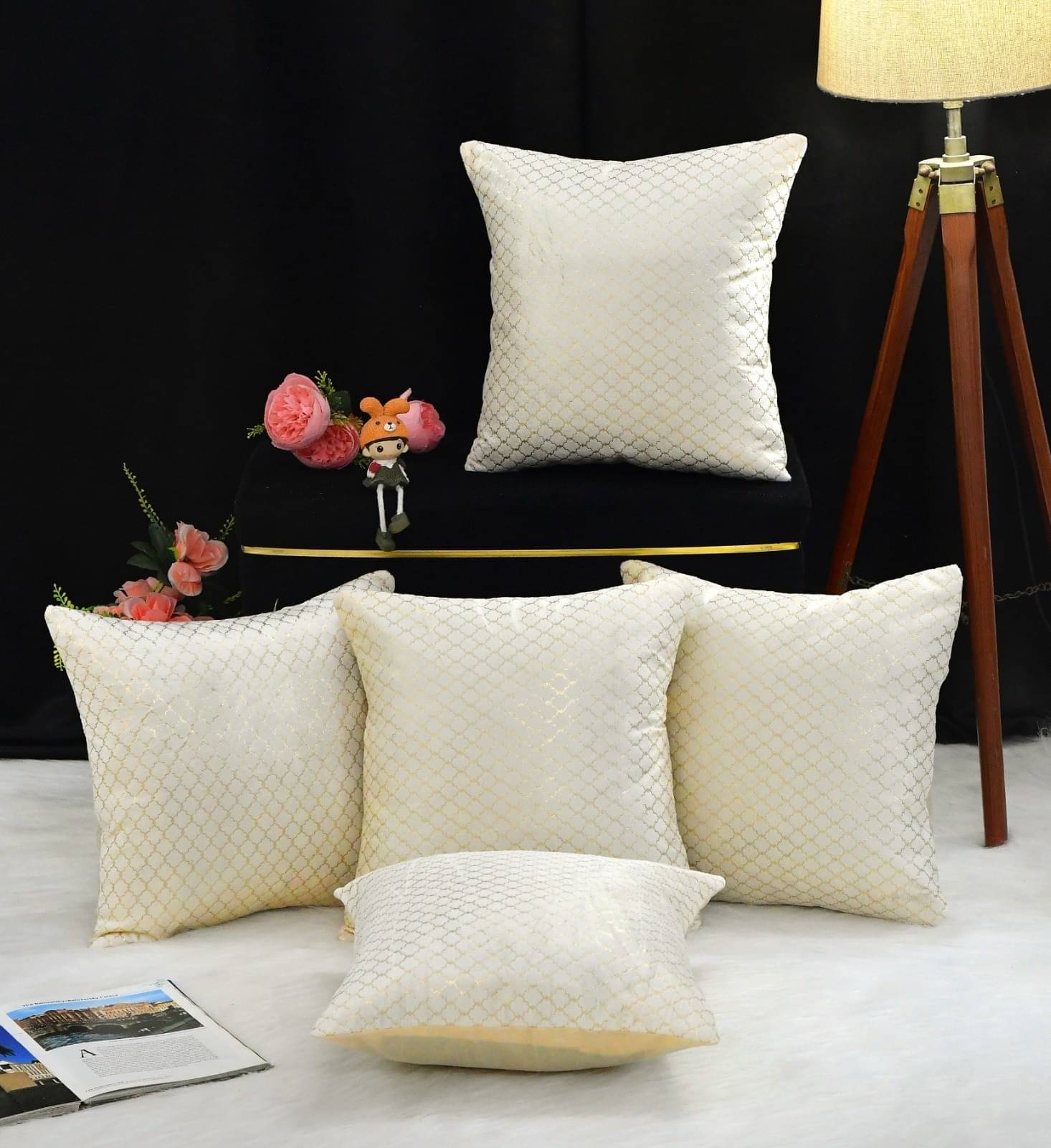     			RADECOR Set of 5 Polyester Abstract Square Cushion Cover (40X40)cm - Cream