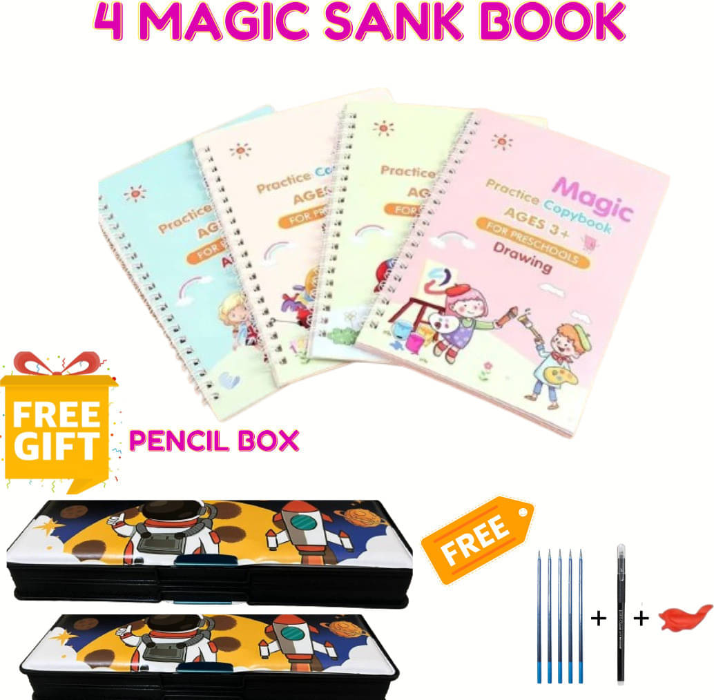 Sank Magic Book | Magic Calligraphy Copybook | Number Tracing Book with Pen | Pencil Box | Return Gift | Reusable Book | (4 Book + 1 Pen + 10 Refill + 1 Grip+ Pencil Box) (Paperback, sank magic book) Sank Magic Book | Magic Calligraphy Copybook | Number Tracing Book with Pen | Pencil Box | Return Gift | Reusable Book | (4 Book + 1 Pen + 10 Refill + 1 Grip+ Pencil Box) (Paperback, sank magic book)