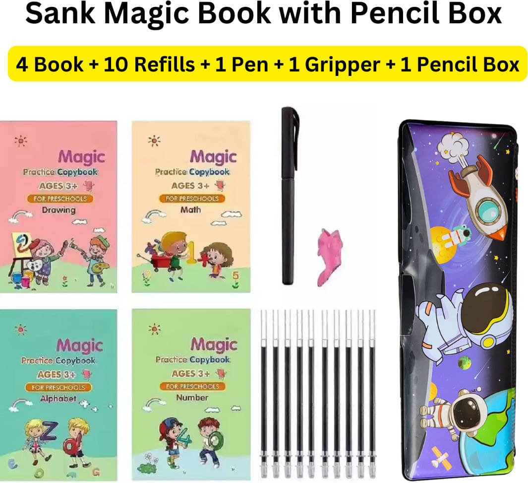 Sank Magic Book | Magic Calligraphy Copybook | Practice Book | Pencil Box | Reusable Book | Pencil Case | Writing Book | Return Gift | (4 Book + 1 Pen + 10 Refill + 1 Grip+ Pencil Box) ( Paperback ) Sank Magic Book | Magic Calligraphy Copybook | Practice Book | Pencil Box | Reusable Book | Pencil Case | Writing Book | Return Gift | (4 Book + 1 Pen + 10 Refill + 1 Grip+ Pencil Box) ( Paperback )