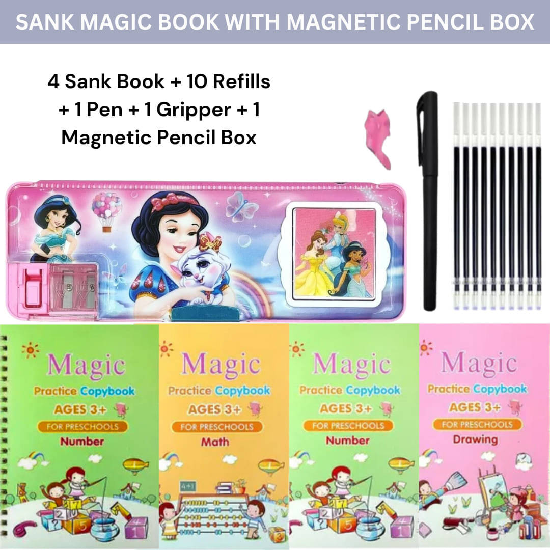 Sank Magic Book | Reusable Book | Disney Princess Magnetic Pencil Case with Duel Integrated Sharpener & Mini Calculator | Return Gift | (4 Book + 1 Pen + 10 Refill + 1 Grip+ Pencil Box) Sank Magic Book | Reusable Book | Disney Princess Magnetic Pencil Case with Duel Integrated Sharpener & Mini Calculator | Return Gift | (4 Book + 1 Pen + 10 Refill + 1 Grip+ Pencil Box)