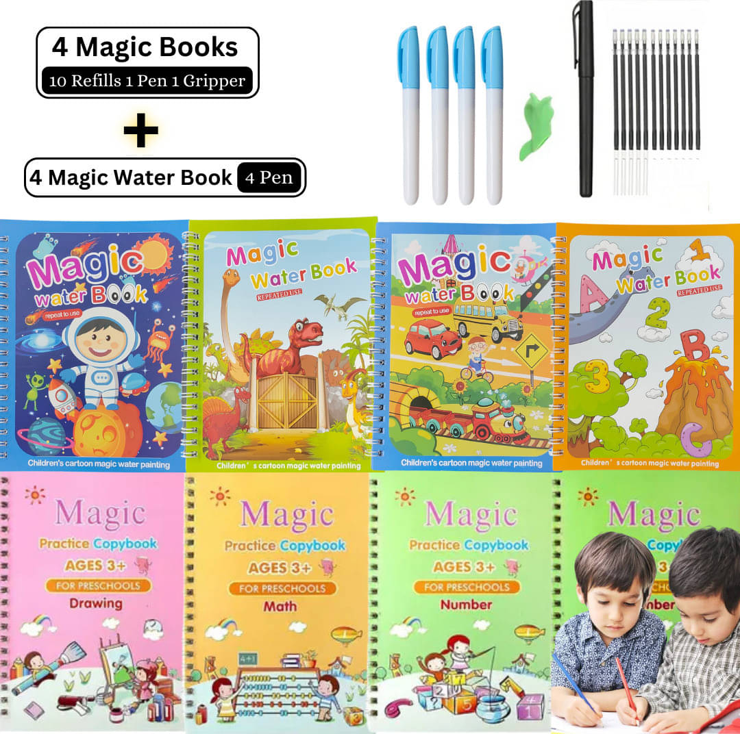    			Sank Magic Book with Magic Water Book, [ 4 Book + 10 Refill + 1 Pen + 1 Grip With 4 Water Magic Book + 4 Pen ], Magic Calligraphy Book With Quick Dry Painting Book for Kid's