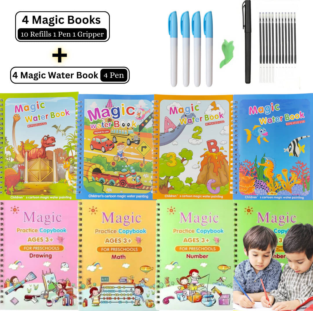     			Sank Magic Book with Magic Water Book, [ 4 Book + 10 Refill + 1 Pen + 1 Grip With 4 Water Magic Book + 4 Pen ], Reusable Book, Quick Dry Painting, Unlimited Learn & Fun