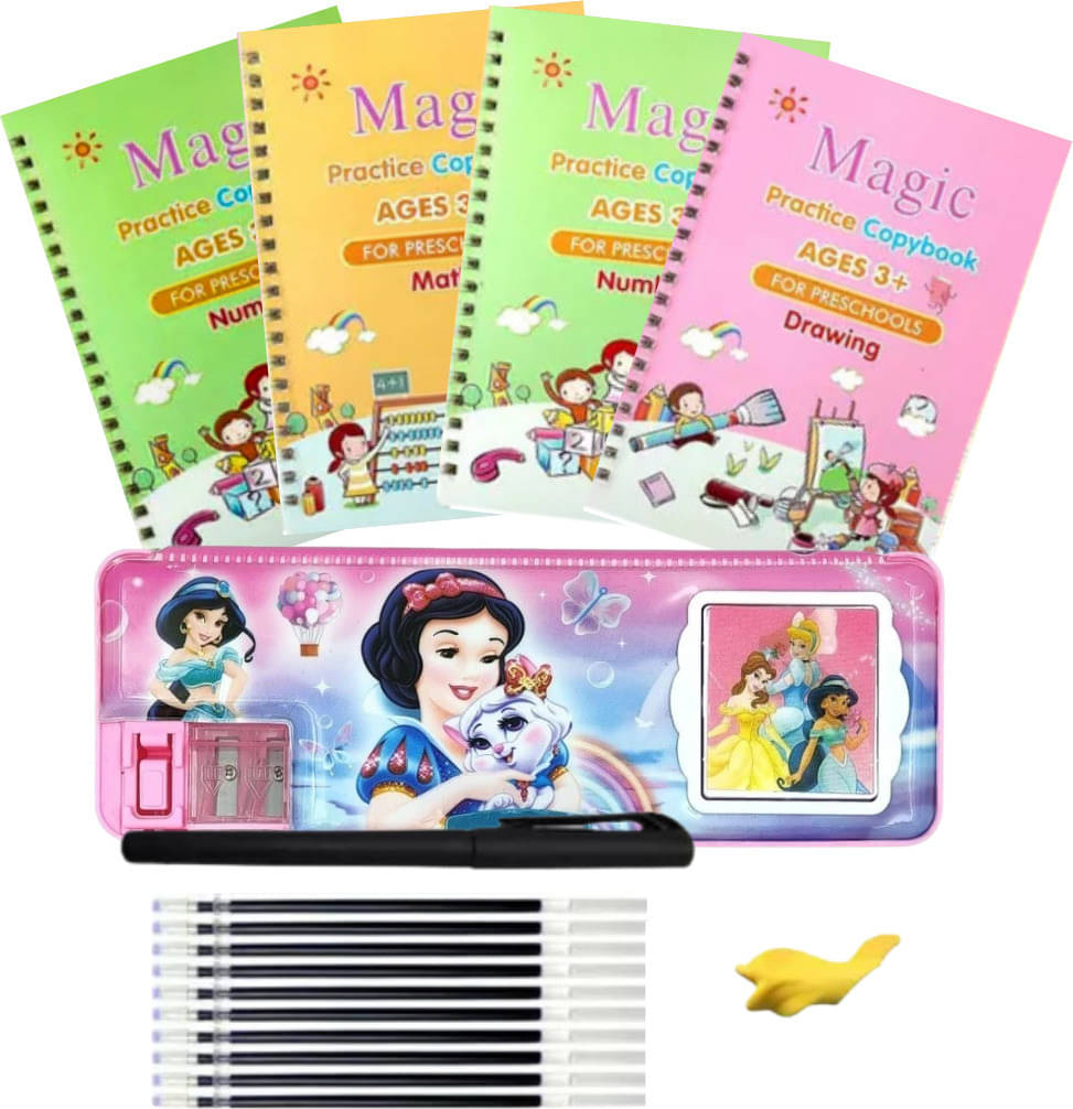 Sank Magic Copybook | Magic Calligraphy Copybook | Disney Princess Magnetic Pencil Case with Duel Integrated Sharpener & Mini Calculator | Return Gift | (4 Book + 1 Pen + 10 Refill + 1 Grip+ Pencil Box) Sank Magic Copybook | Magic Calligraphy Copybook | Disney Princess Magnetic Pencil Case with Duel Integrated Sharpener & Mini Calculator | Return Gift | (4 Book + 1 Pen + 10 Refill + 1 Grip+ Pencil Box)